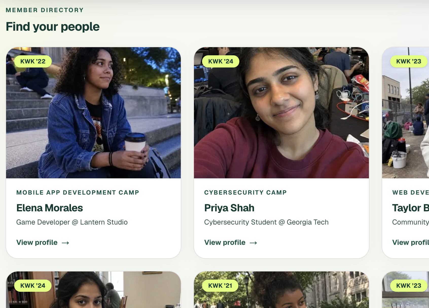 Alumni network directory for connecting with other Kode with Klossy alumni